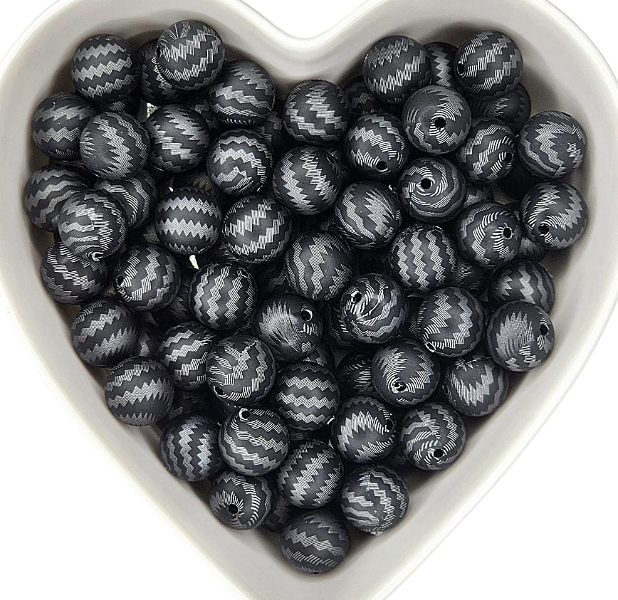 15mm Black & Silver Zig Zag Printed Silicone Beads