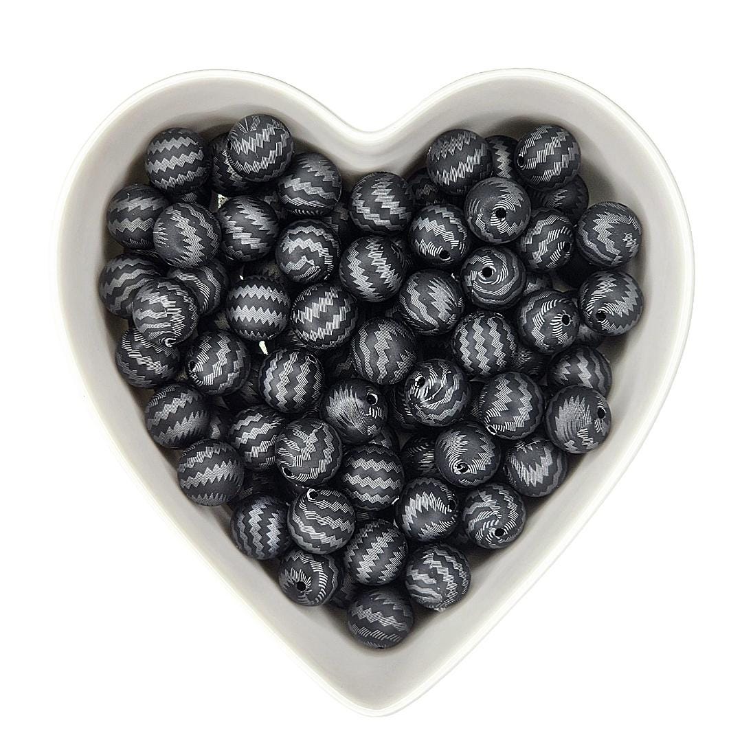 15mm Black & Silver Zig Zag Printed Silicone Beads