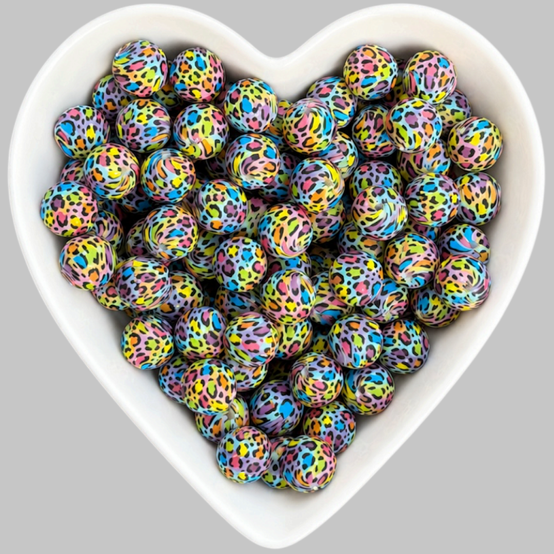 15mm Rainbow Leopard Silicone Beads