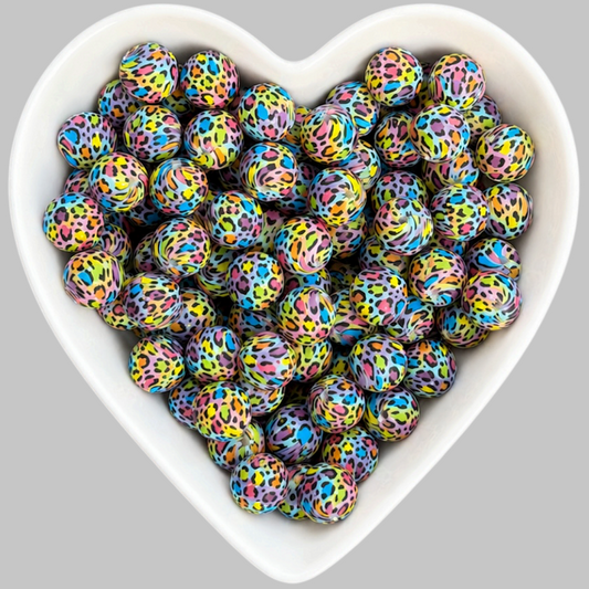 15mm Rainbow Leopard Silicone Beads