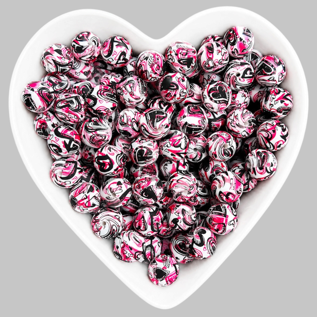 15mm Graffiti Heart Silicone Beads