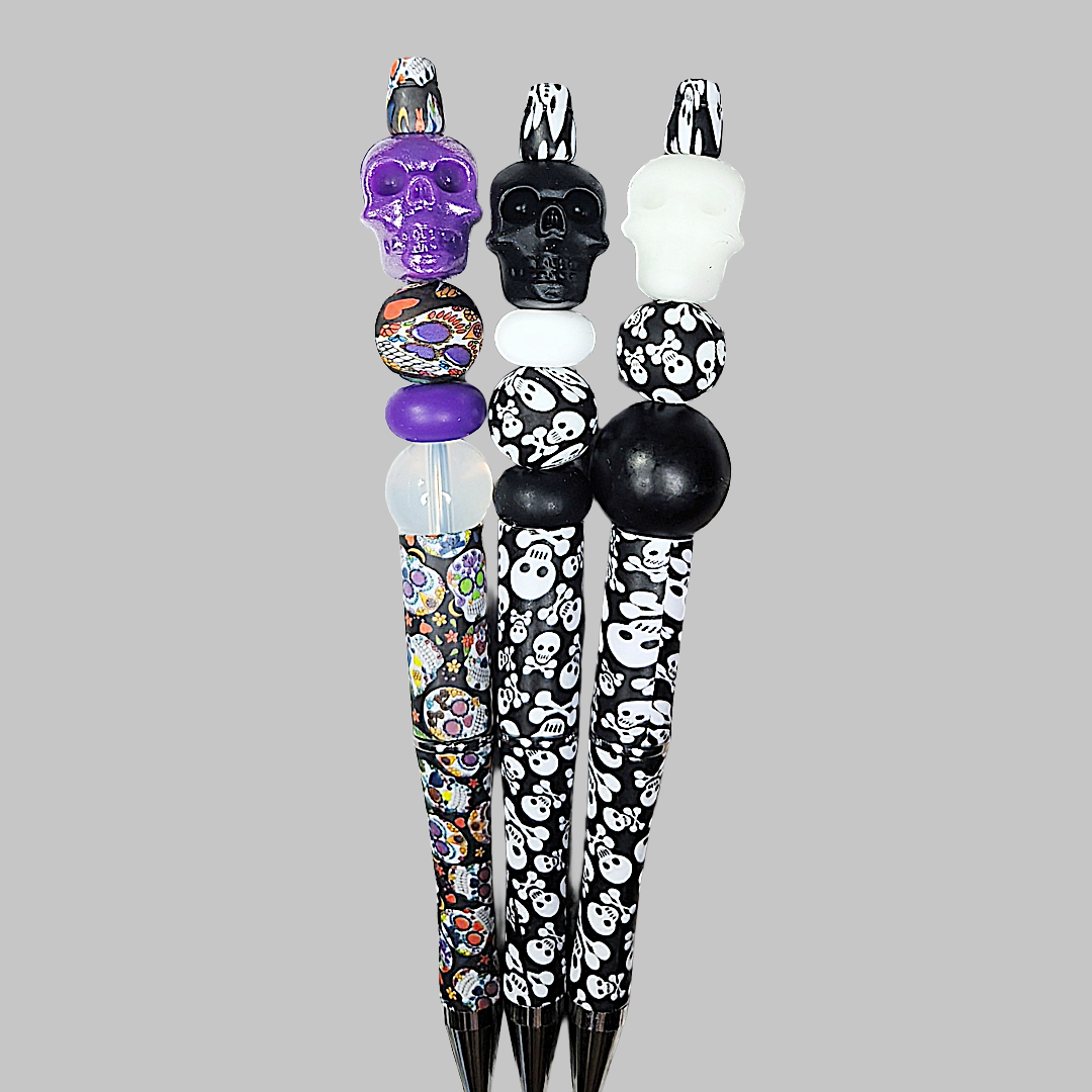 Sugar Skull Beaded Pen, Skull Pen, Glow In The Dark Skull Pen, Spooky Beaded Pen