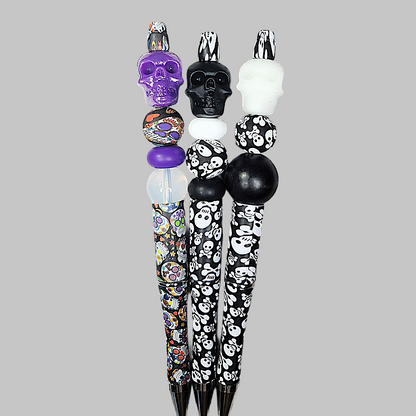 Sugar Skull Beaded Pen, Skull Pen, Glow In The Dark Skull Pen, Spooky Beaded Pen