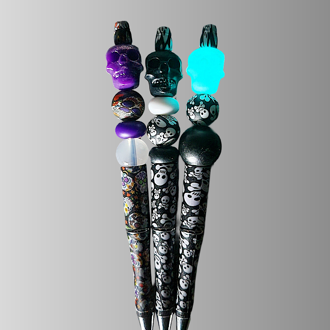 Sugar Skull Beaded Pen, Skull Pen, Glow In The Dark Skull Pen, Spooky Beaded Pen