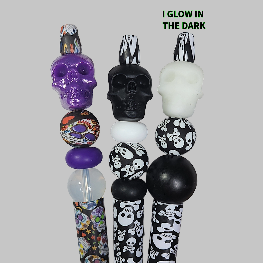 Sugar Skull Beaded Pen, Skull Pen, Glow In The Dark Skull Pen, Spooky Beaded Pen