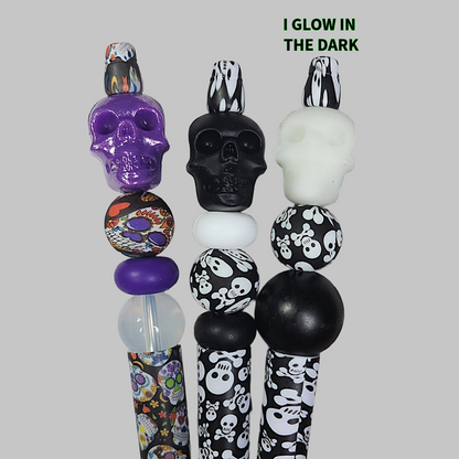 Sugar Skull Beaded Pen, Skull Pen, Glow In The Dark Skull Pen, Spooky Beaded Pen