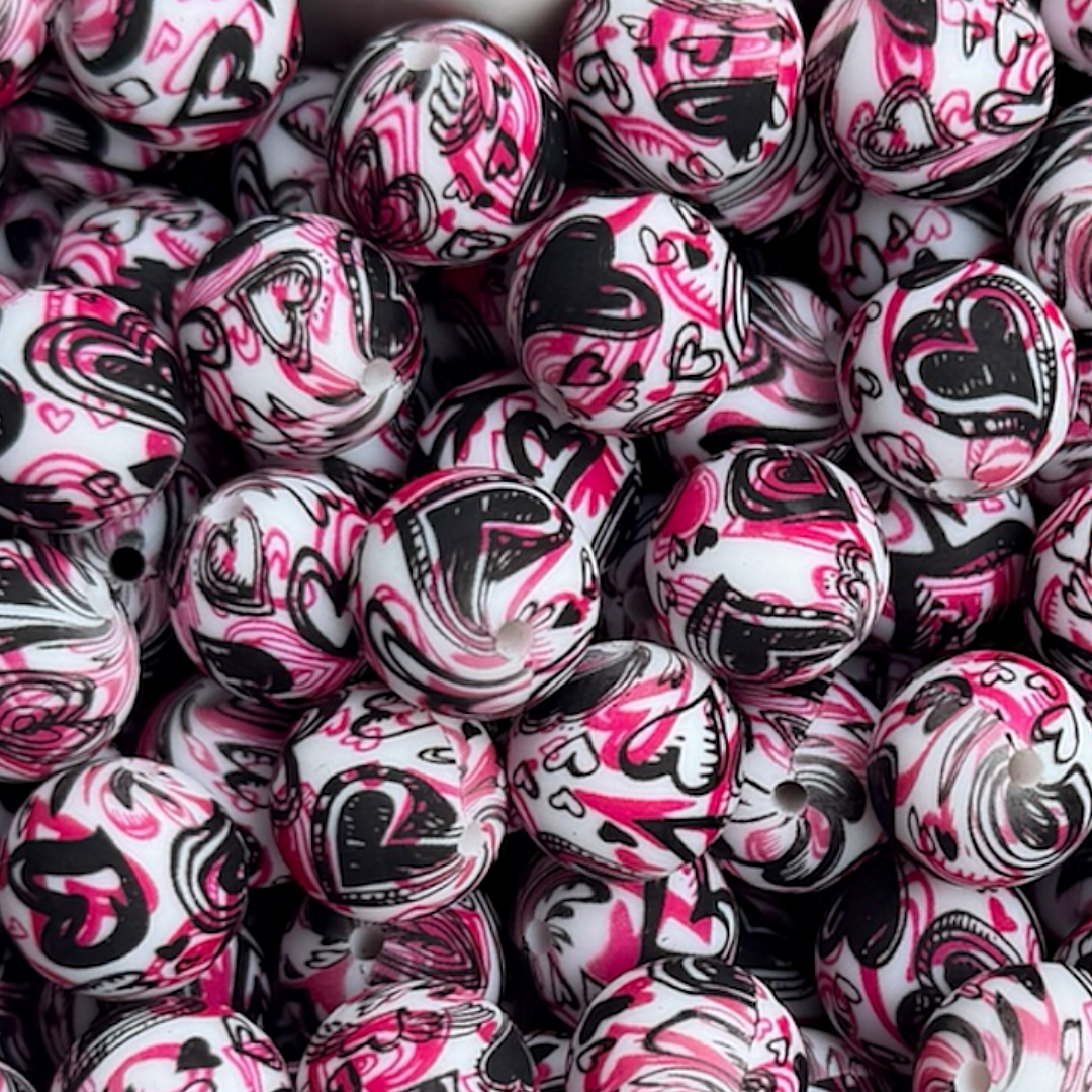15mm Graffiti Heart Silicone Beads