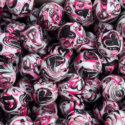 15mm Graffiti Heart Silicone Beads