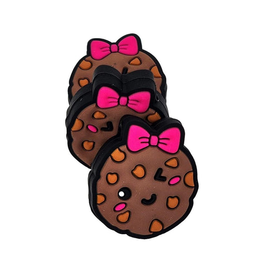 Chocolate Chip Smiley Face with Pink Bow Cookie Focal Bead 145