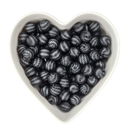 15mm Black & Silver Zig Zag Printed Silicone Beads