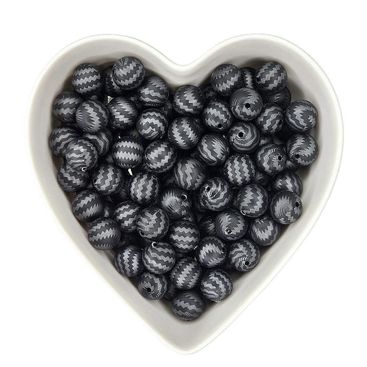 15mm Black & Silver Zig Zag Printed Silicone Beads