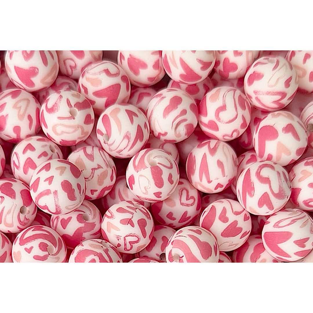 15mm Pink Heart Printed Silicone Beads