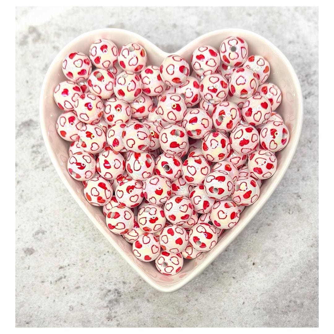 16mm Red Heart Printed UV Plated Acrylic Beads
