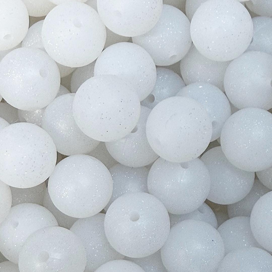 15mm White Glitter Silicone Beads