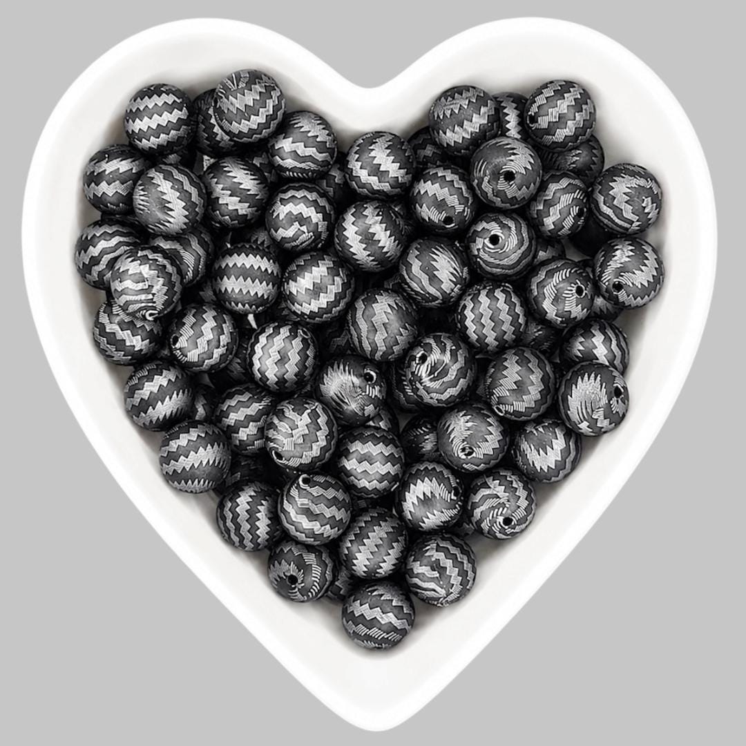 15mm Black & Silver Zig Zag Silicone Beads