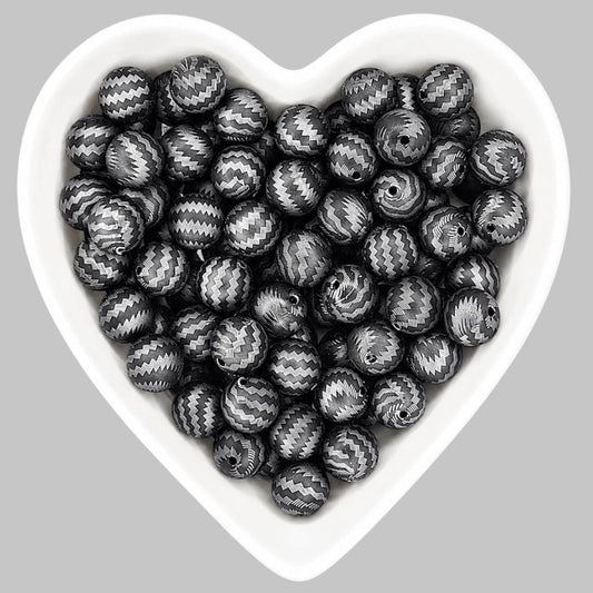 15mm Black & Silver Zig Zag Silicone Beads